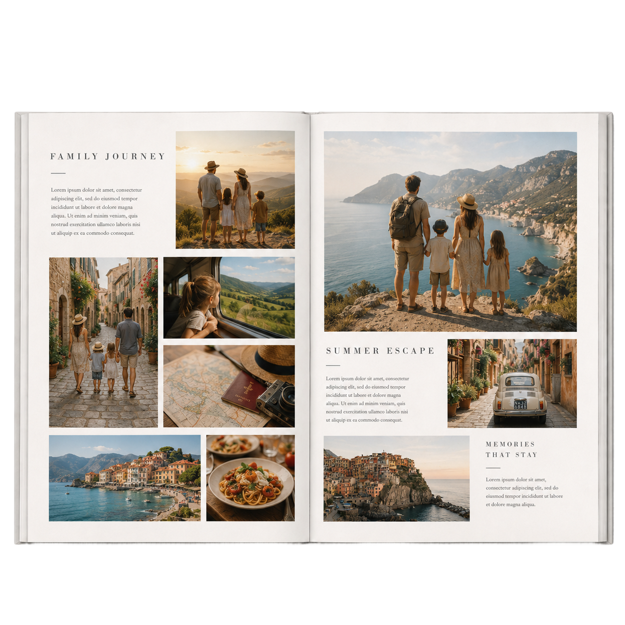 Photo book spreads showing family travel photos